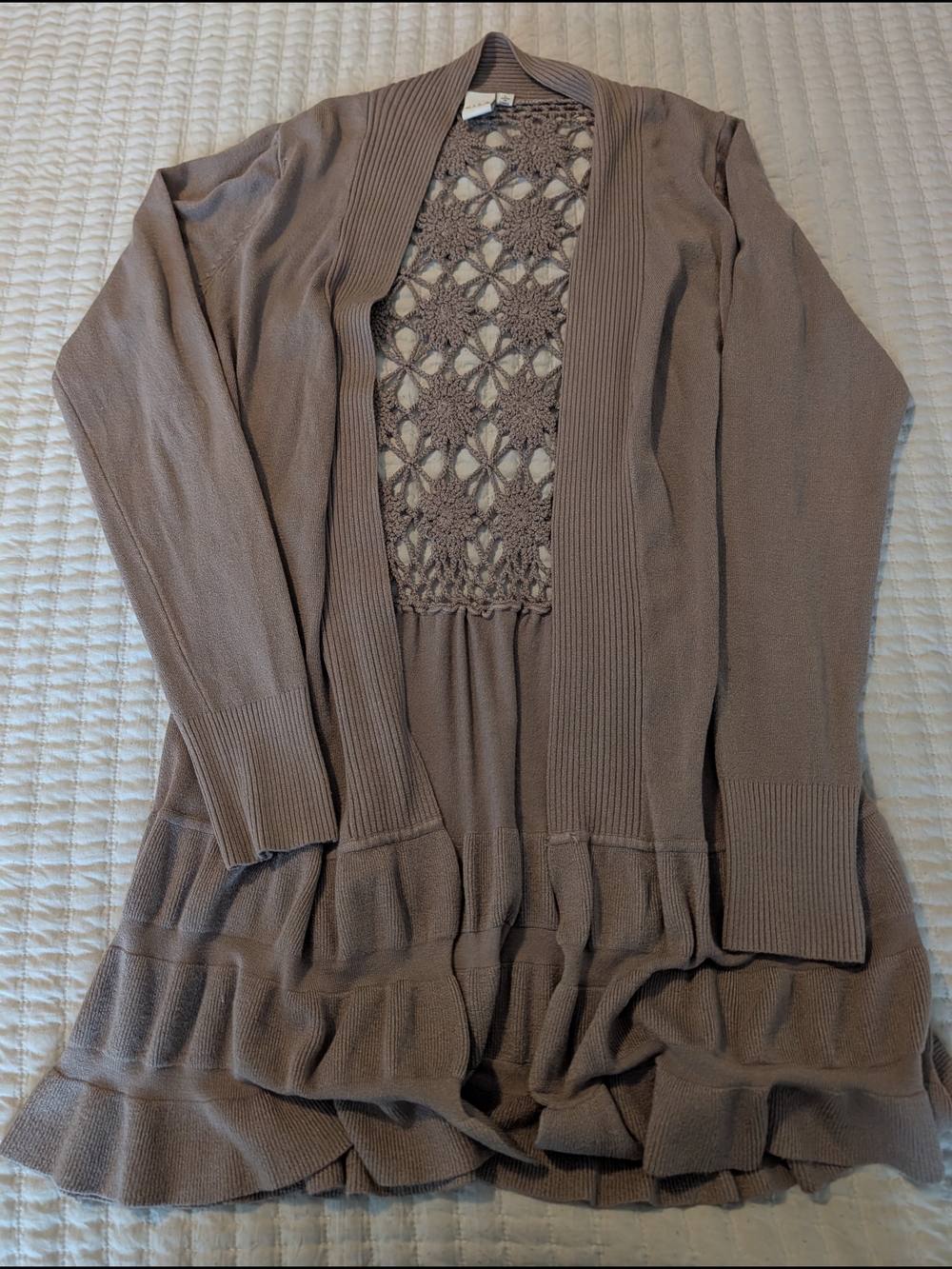 VILA Crochet-Back Open-Front Cardigan - Taupe